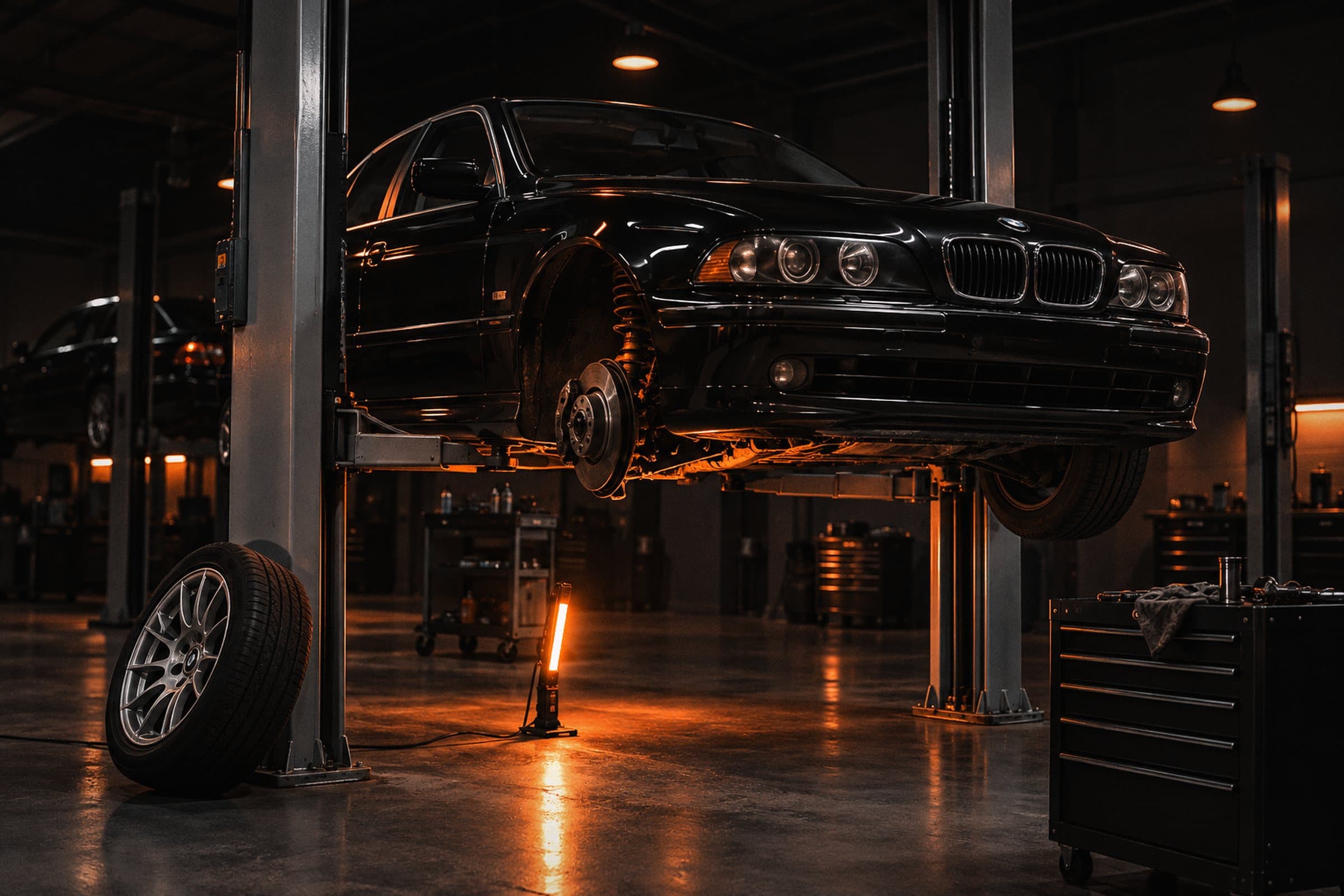 BMW на подъёмнике в мастерской